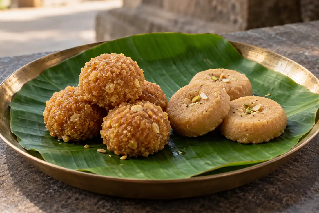 Golden wheat sweets and peda arranged on a banana leaf
