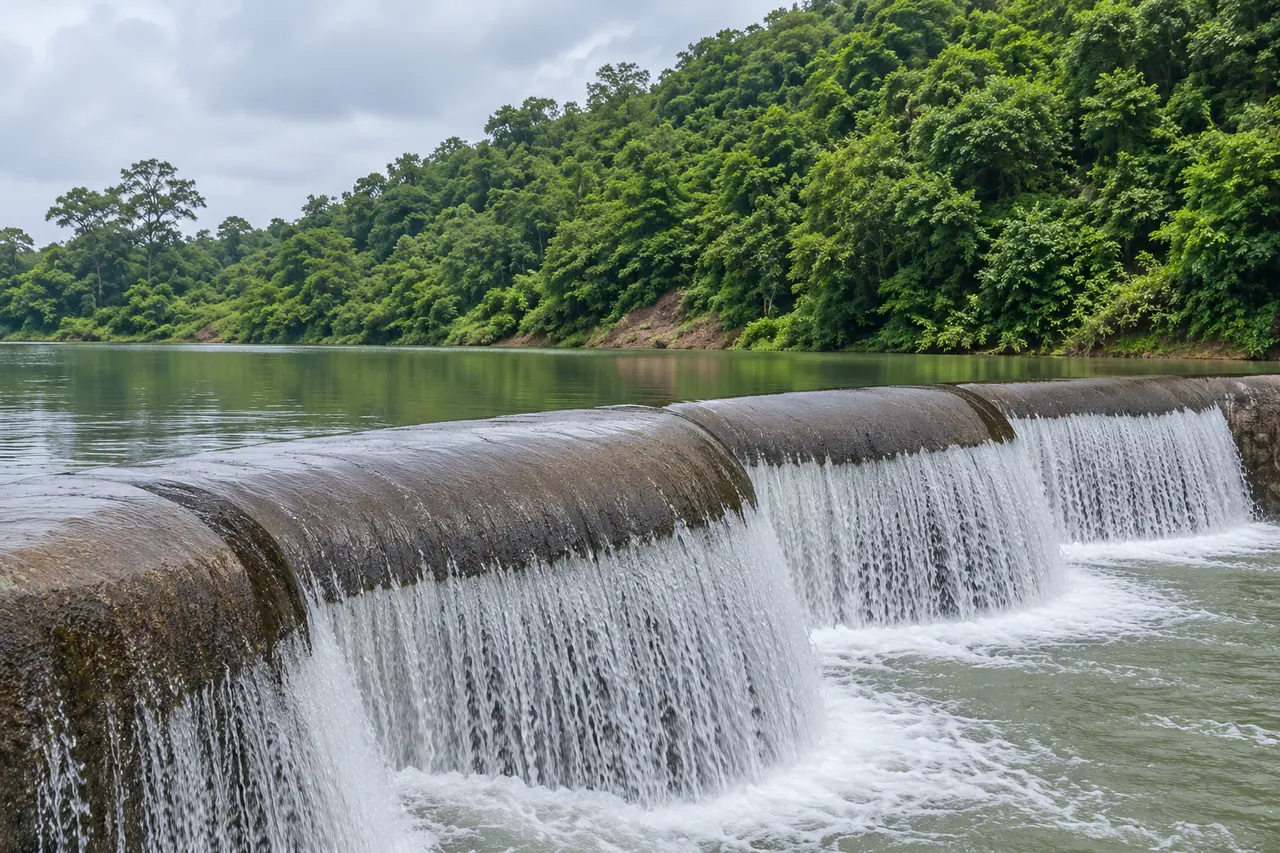 Water spills over the curved weir at Sapua Dam