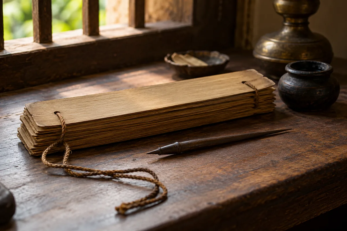Illustrative blank palm leaves and a stylus arranged on a wooden writing desk