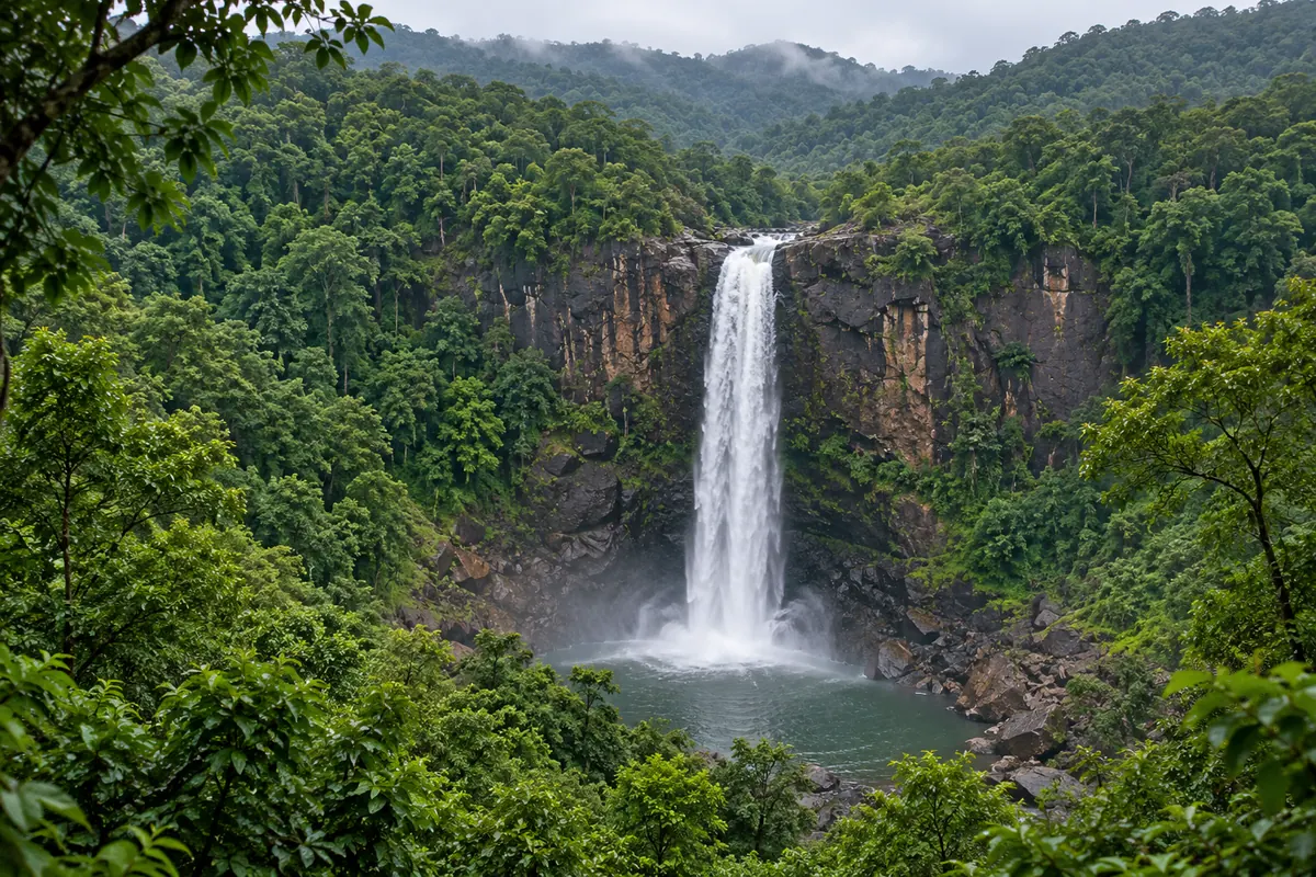 Joranda Waterfall descends in a single stream through forest