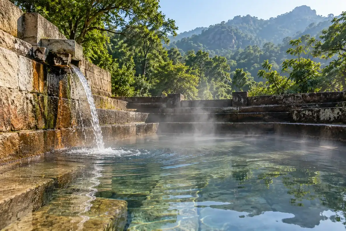 Water flowing into the stone bathing kund at Taptapani hot spring