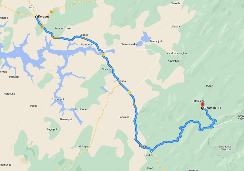 Map showing the distance between Koraput and Deomali Hills
