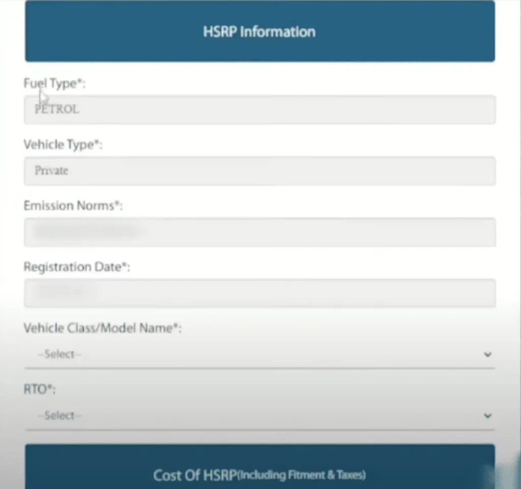 vehicle information for HSRP